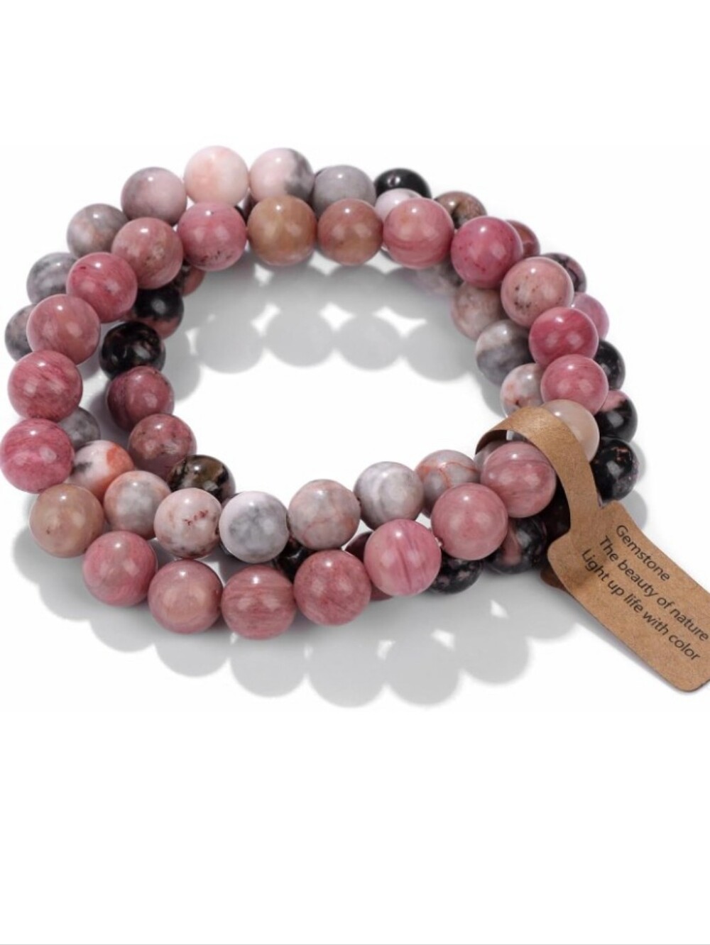 3Pc Pink Zebra Jasper Rhodochrosite Rhodonite Beaded Bracelet Set Stack 8mm 19cm